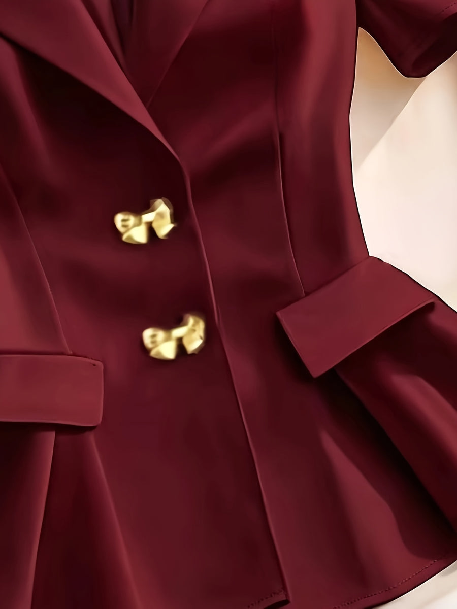 Elegant Women'S Solid Color Short Sleeve Lapel Blazer, Metal Button Detail Blazer, Suitable for Commuting, Vacation, Business, And Casual Wear - Burgundy