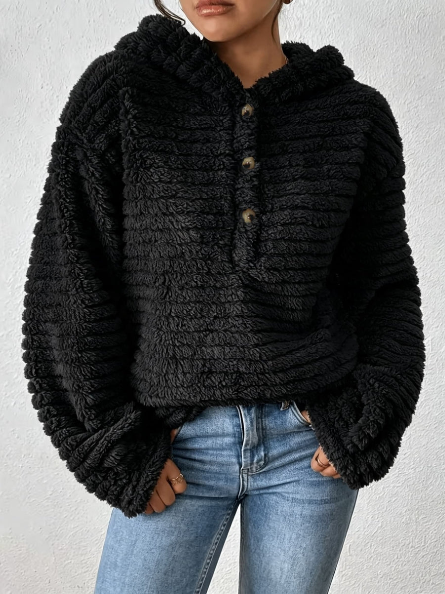 Women's Casual Hooded Plush Sweatshirt, New Autumn/Winter Collection, -Lined Warm Outerwear, Solid Color - Black