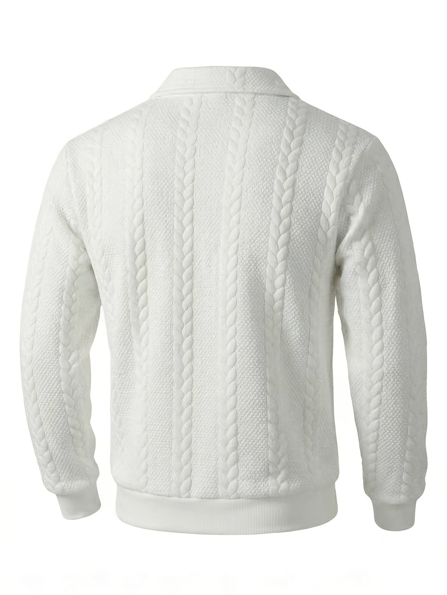 Autumn Winter Men'S Zipper Lapel Sweatshirt, Fashion Jacquard Long Sleeve Collared Shirt - White