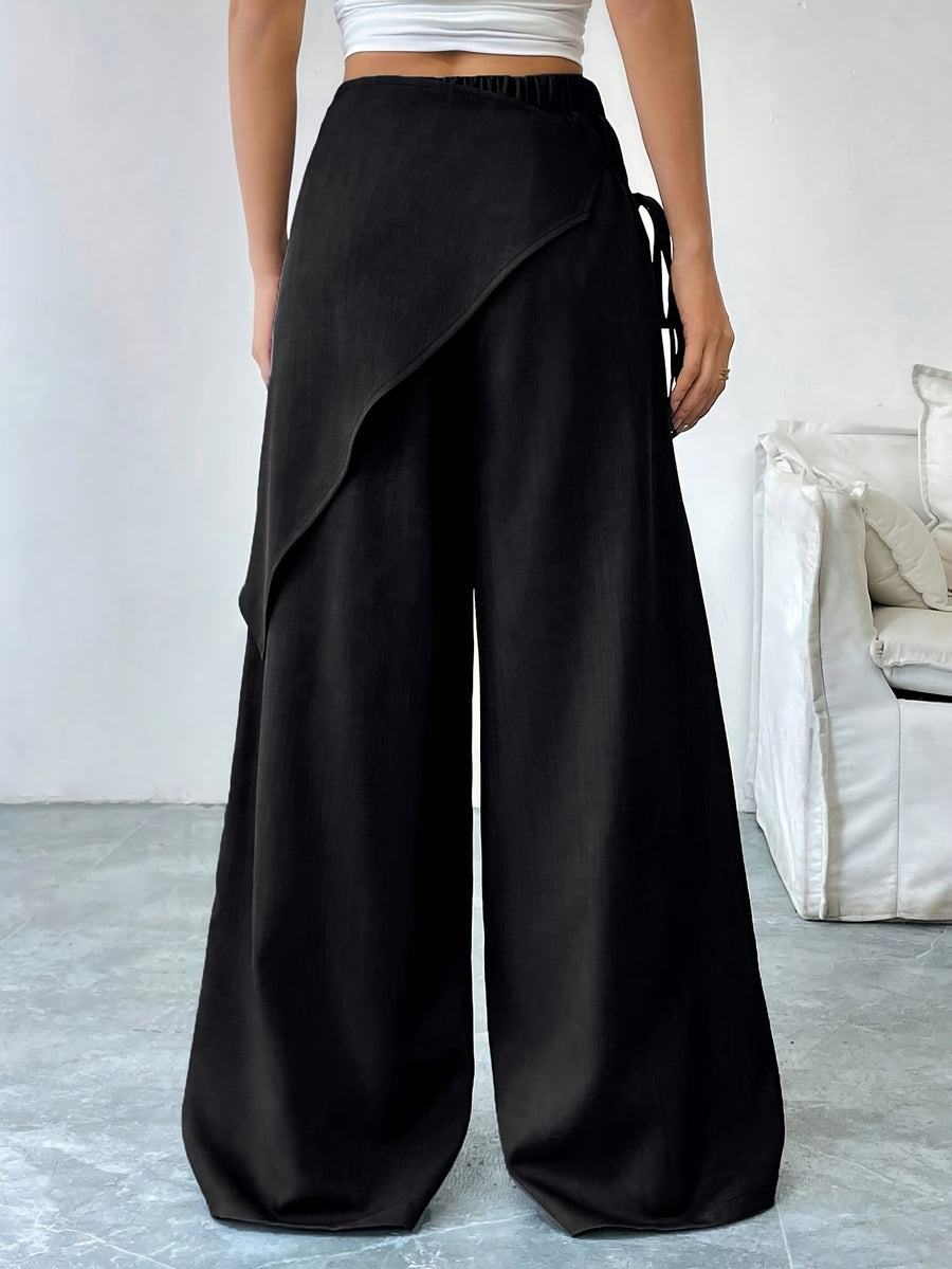 Women's Solid Color Cross-Tie Loose-Fit Leg-Length Casual Pants - Black
