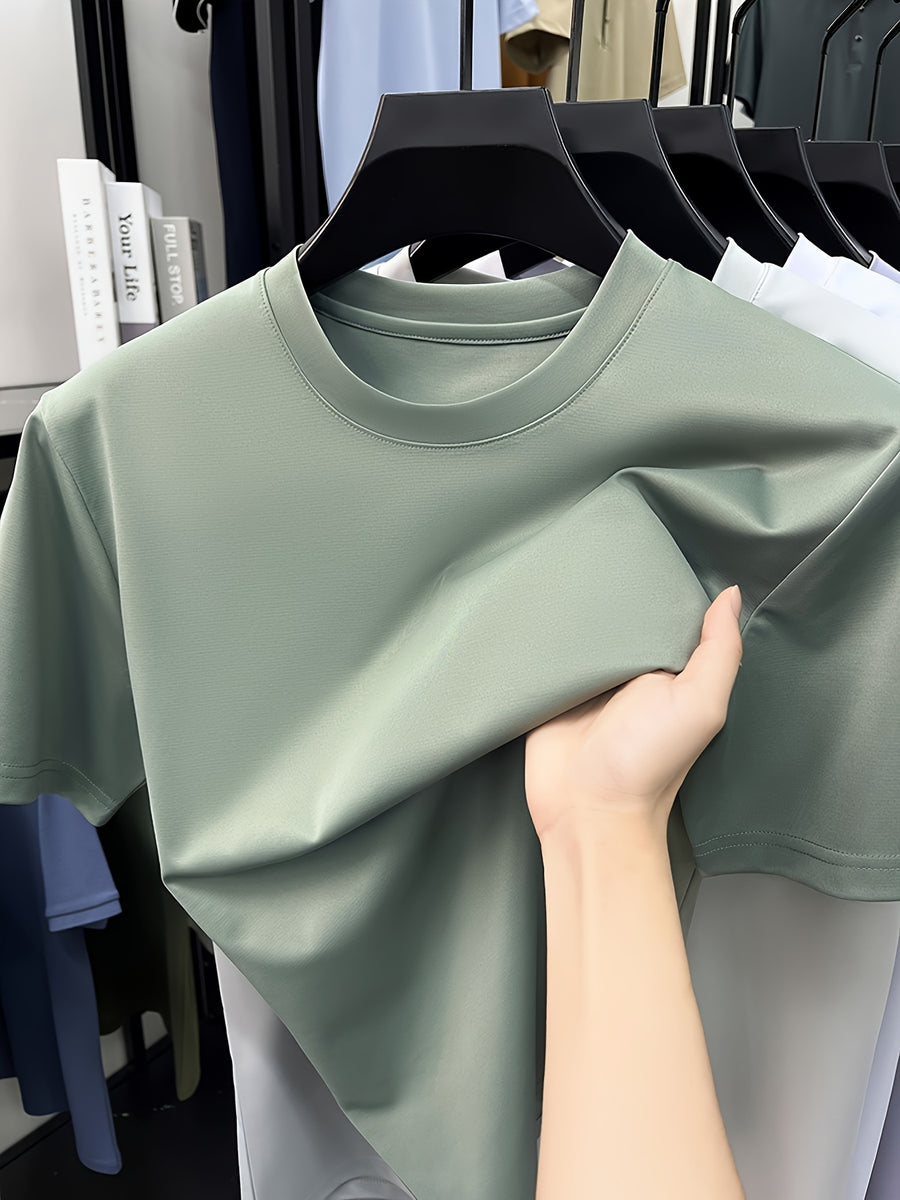 NERPOLO Men's Solid Color Short Sleeve T-Shirt - Round Neck Casual Summer Tee with Suitable for Middle-Aged, Regular Fit Breathable Shirt, Hand Washable Solid Color Round Neck Half-Sleeve Blouse for Casual Attire (No Transparency) - Bean Green