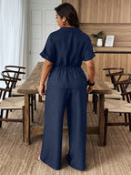 Women'S Elegant Polo Neck Pullover And Solid Color Long Pants, Summer New Arrival, Door-To-Door Access, Waist Tie Solid Top Casual to Formal Two-Piece Set, Machine Washable And Dry Cleanable - Blue