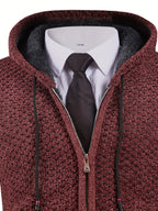 Solid Color Men'S Autumn And Winter New Style Men'S Coarse Yarn Knitted Long Zipper Cardigan Long Sleeved Hooded Drawstring Fashionable Casual Business Versatile with Thick Velvet Insulation Pocket Sports Vitality Elastic Jacket - Coffee Color