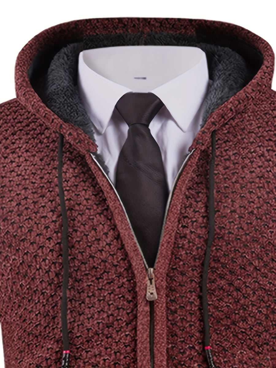 Solid Color Men'S Autumn And Winter New Style Men'S Coarse Yarn Knitted Long Zipper Cardigan Long Sleeved Hooded Drawstring Fashionable Casual Business Versatile with Thick Velvet Insulation Pocket Sports Vitality Elastic Jacket - Coffee Color