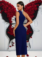 In-Stock Style Off-Shoulder Ruched Front-Slit Prom Party Dress - Navy blue color