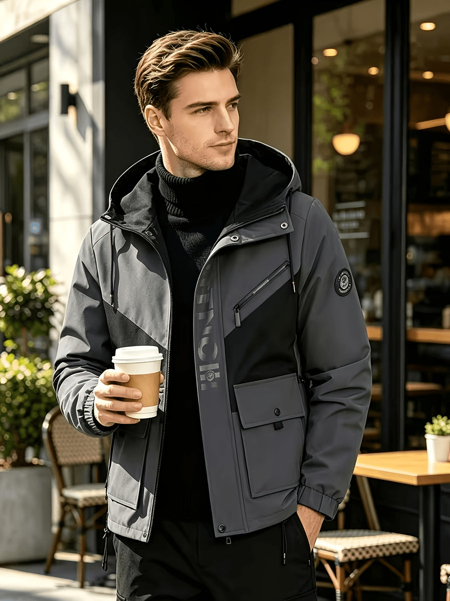 Men's Fashionable Casual Hooded Jacket, Multi Pocket Outdoor Fashion Design, Contrasting Color Design, Double Pocket - Spring and Autumn Casual Outdoor Letter Grid Jacket Thin Jacket - Dark Gray