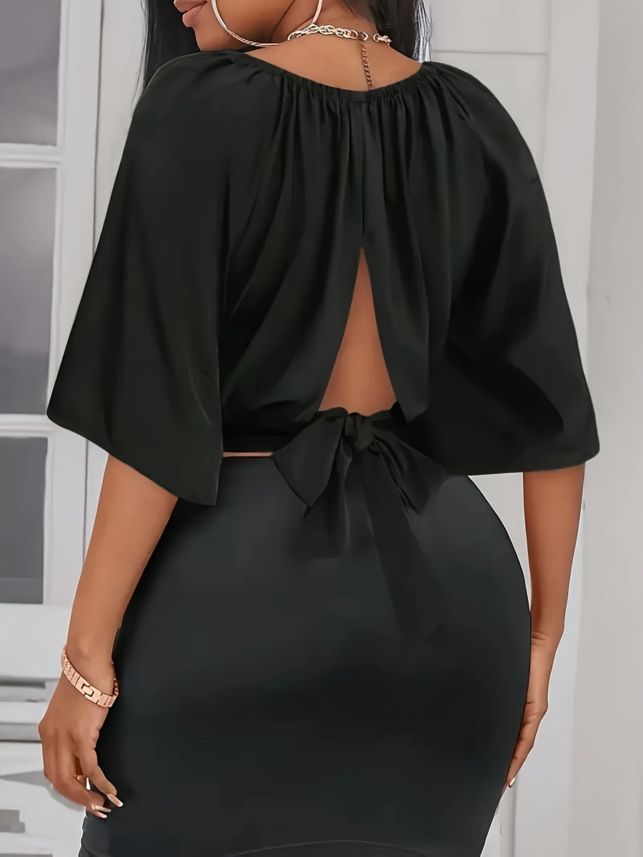 Tie Back Ruched Blouse, Elegant Solid Color Blouse For Spring & Summer, Women's Clothing - Black