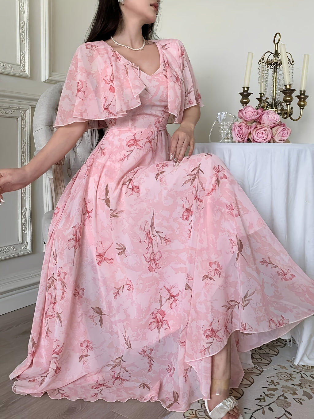 Elegant Women'S V-Neck Cape Design with Floral Print Chiffon Waist And Flared Dress - Pink