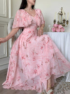 Elegant Women'S V-Neck Cape Design with Floral Print Chiffon Waist And Flared Dress - Pink