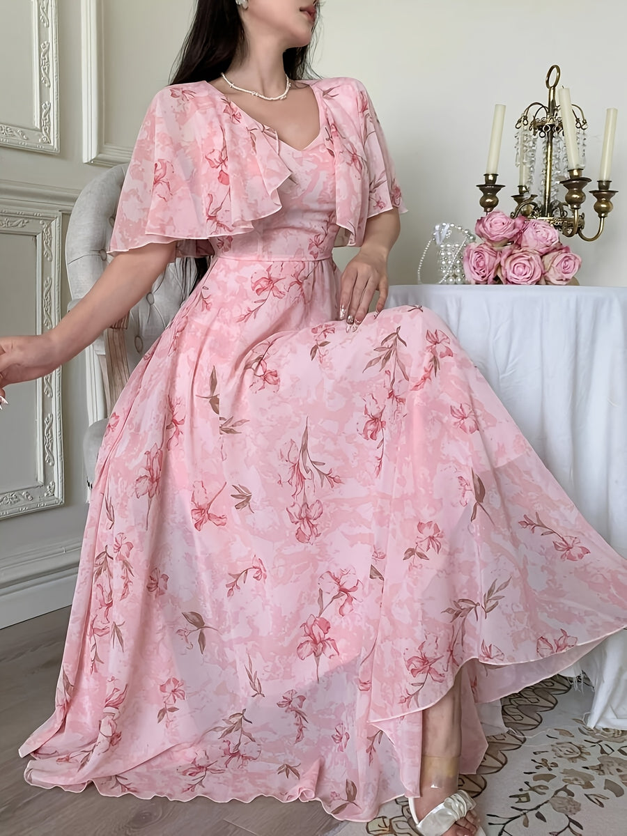 Elegant Women'S V-Neck Cape Design with Floral Print Chiffon Waist And Flared Dress - Pink