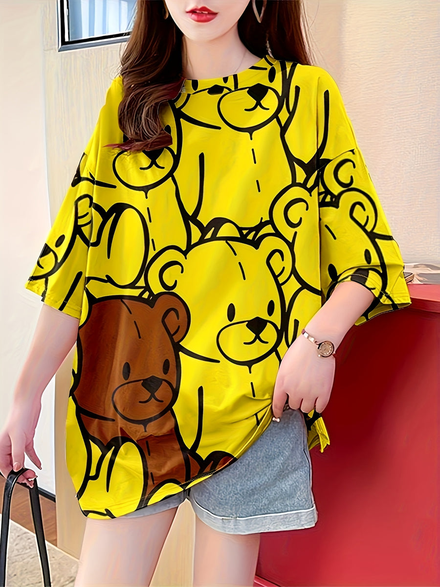 Summer New Large Size Loose Fashion Trend Slim Cartoon Round Neck Print Ladies Women'S Medium And Long Short-Sleeved T-Shirt Clothes - Yellow