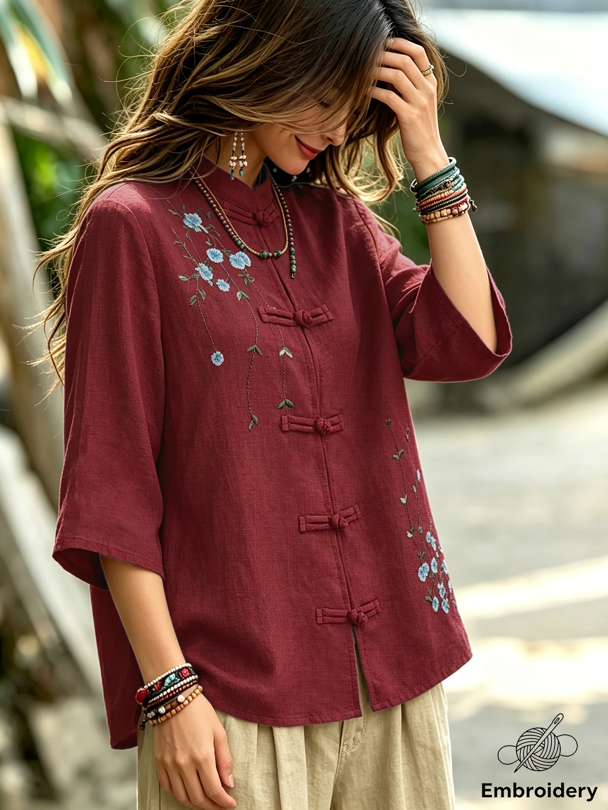 INS Chinese Style Shirt - Women'S Mid-Length Cheongsam Cardigan, Retro Button-Front And Embroidered Stand Collar, Suitable for Daily, Office, And Semi-Formal Wear, Machine Washable, All-Season Casual Top A281 - Red