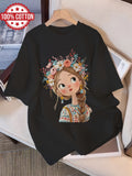 Graphic Print T-shirt, Short Sleeve Crew Neck Casual Top for Summer & Spring, Women's Clothing - Black