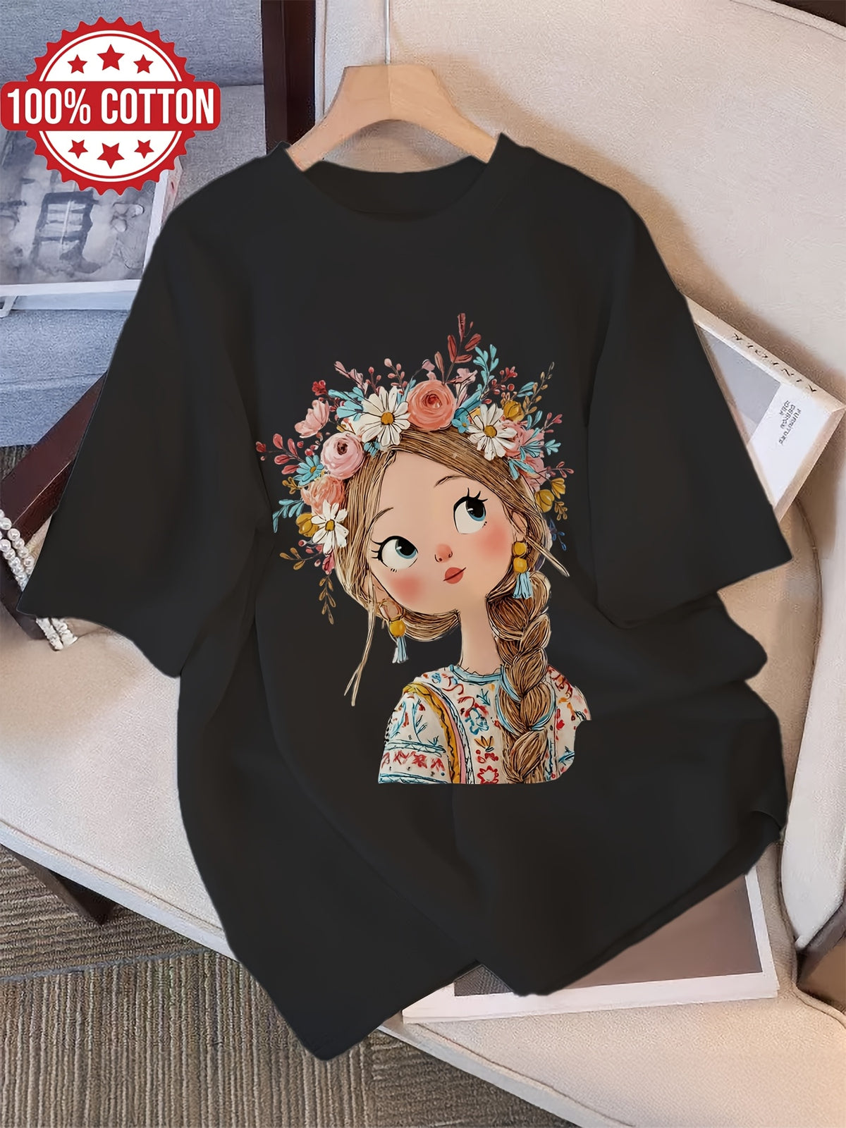 Graphic Print T-shirt, Short Sleeve Crew Neck Casual Top for Summer & Spring, Women's Clothing - Black