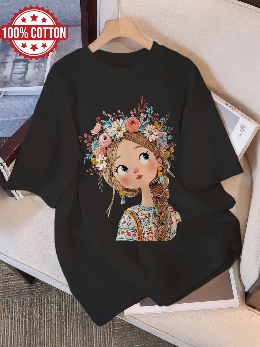 Graphic Print T-shirt, Short Sleeve Crew Neck Casual Top for Summer & Spring, Women's Clothing - Black