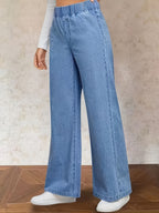 Women'S Washed Casual High-Waist Stretch Elastic Waist Top Blue Jeans And Clothing, Plus Size Women'S Jeans Long Pants All-Match Elegant Wide-Leg Cow Jean Plus Size Women'S Jeans Long Pants - Light Blue