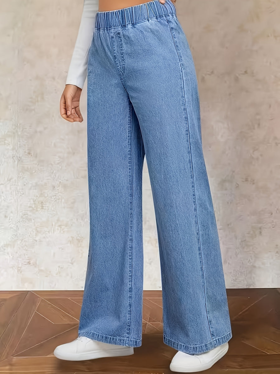 Women'S Washed Casual High-Waist Stretch Elastic Waist Top Blue Jeans And Clothing, Plus Size Women'S Jeans Long Pants All-Match Elegant Wide-Leg Cow Jean Plus Size Women'S Jeans Long Pants - Light Blue