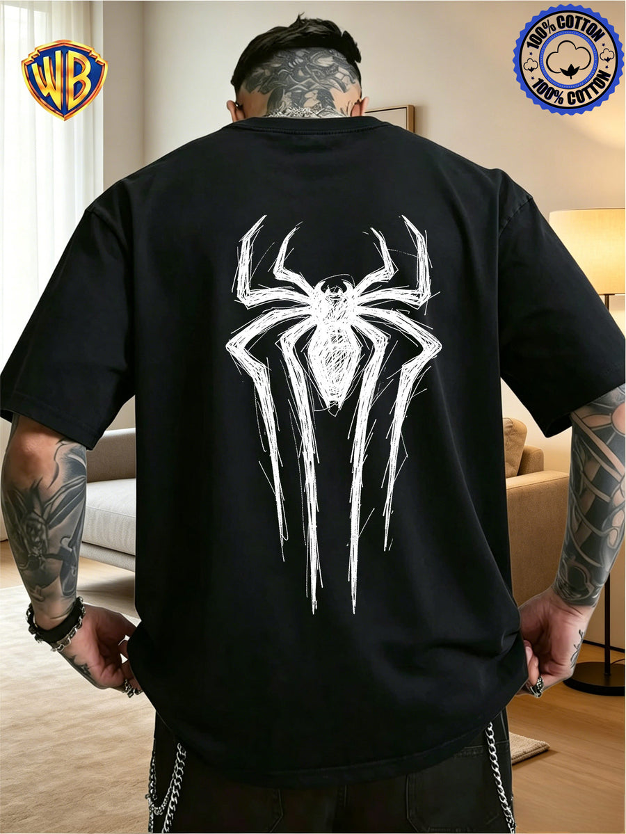 Unisex T-shirt Featuring a Niche Dark Aesthetic with Hand-painted Front and Back Dual-position Combination Prints, Creating a Low-key, Cool, Eye-catching, and Trendy Campus Style - Black