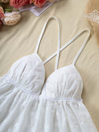 Cutout Embroidery Ruffled Scalloped Camisole V-Neck Cross-Strap Backless Sleeveless Vest - White