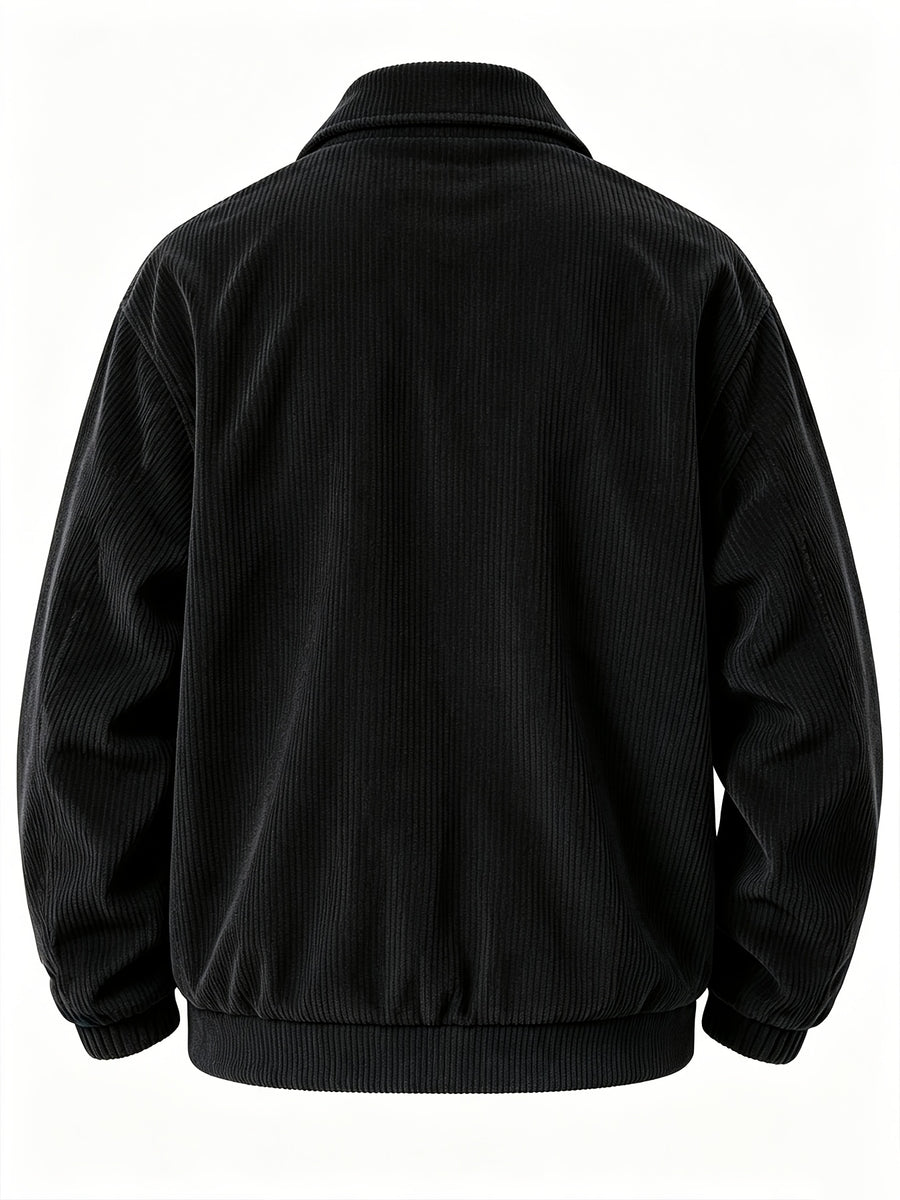 AOMDOTB Men's Corduroy Baseball Jacket - Preppy Collar Zipper Jacket with Chest Label Design & Double-Side Pockets, Solid Color Corduroy Outerwear Suitable for Daily Commuting, School, Back-to-School Outfits (for Teen) - Black