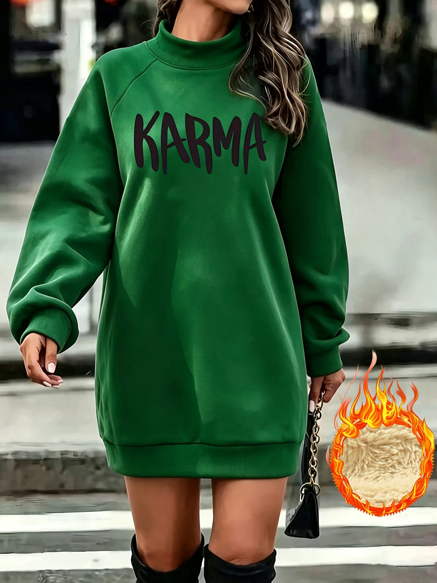 Easy KARMA Letter Print Mock Neck Long Sleeve Fleece Sweatshirt Women'S Fall Winter Casual Sweatshirt Dress - Green