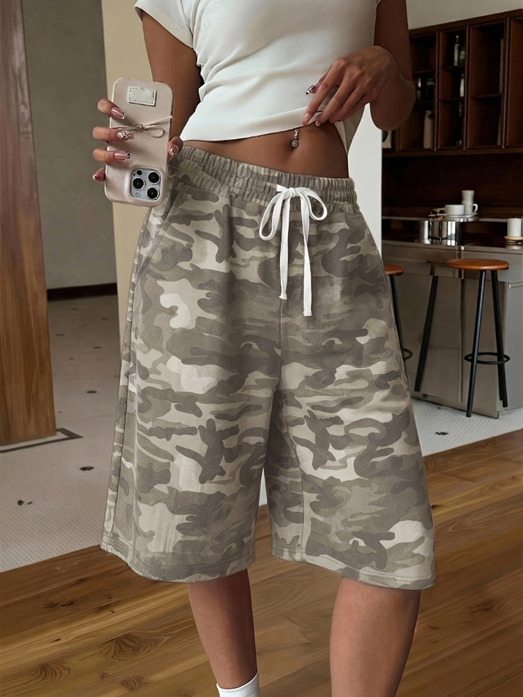 Casual Retro Camouflage Print Street Style Y2K Fashion Wide Leg Bermuda Shorts, Suitable for Daily Wear - Mixed colors