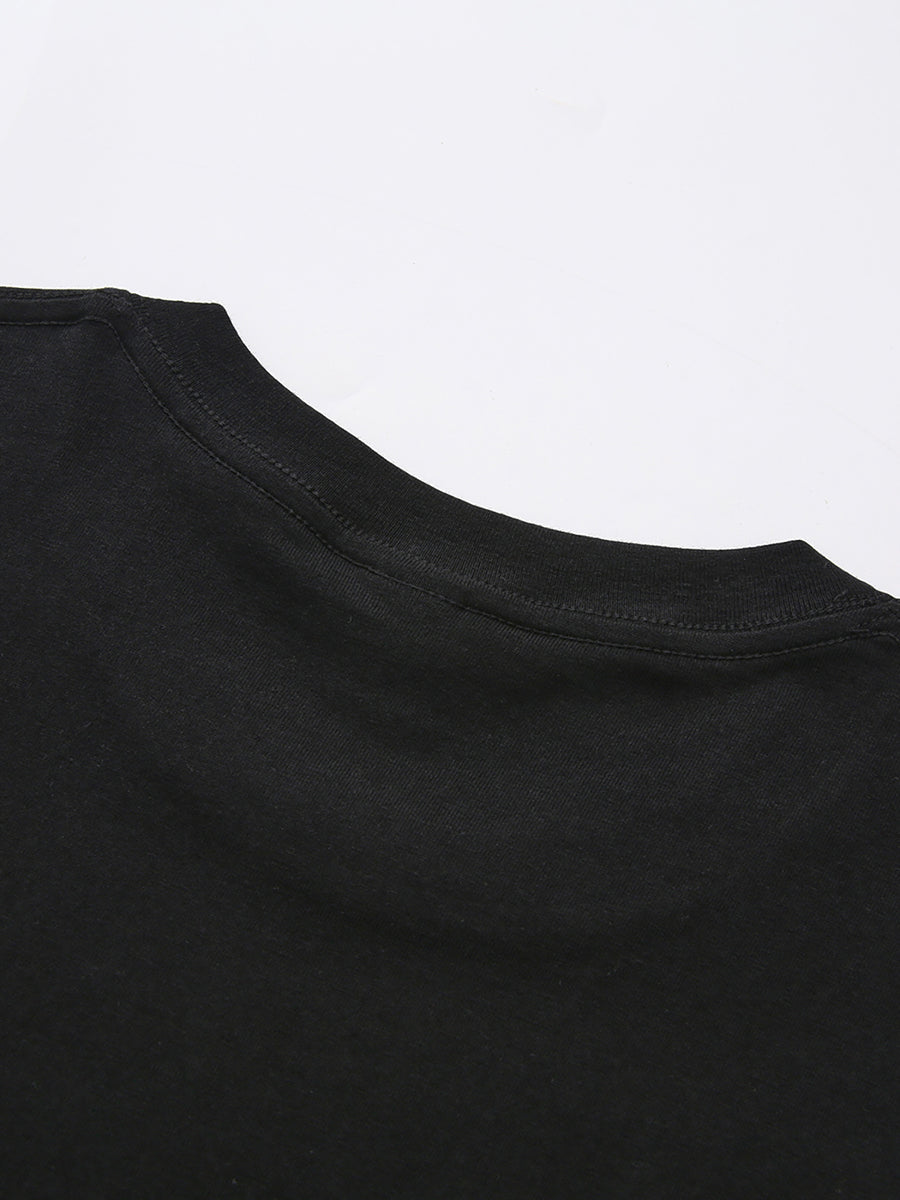 Men's Print Pure Cotton T-Shirt, Summer Fashion Vintage Trendy Casual Breathable Everyday Versatile Crew Neck Short Sleeve Top - Black