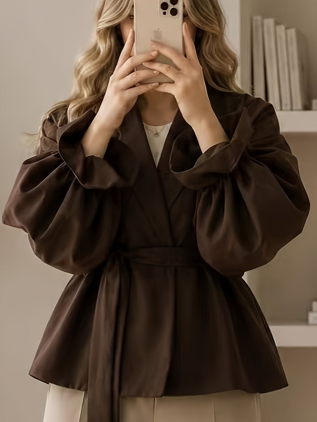 Chocolate Brown Wrap-Front Outerwear with Waist Cinching Ruffle Hem, Elegant Daily Outerwear, Vintage V-Neck Tie-Waist Blouse with Puffy Long Sleeves, Loose Fit Minimalist Style Women's Top. Women's Wrap-Front Outerwear, V-Neck Lantern Sleeves - Coffee Color