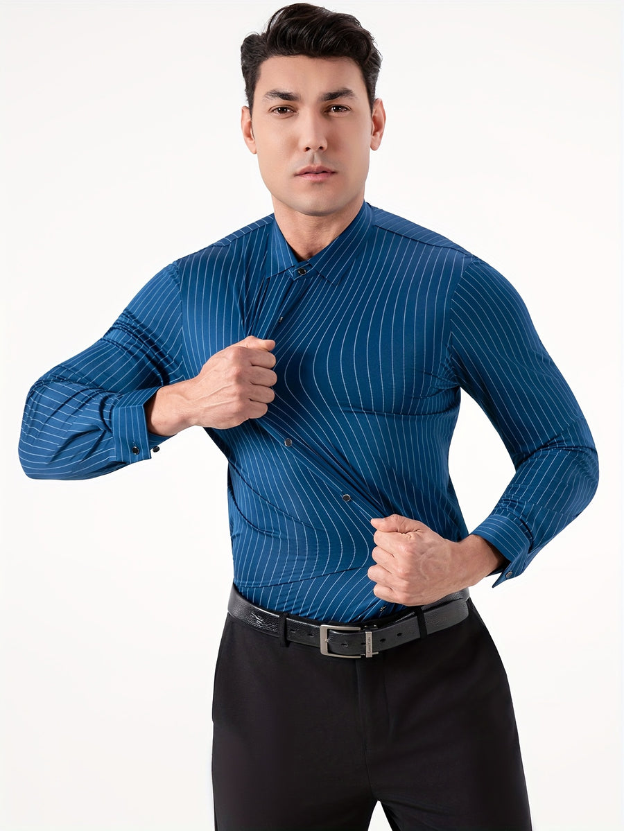 Seamless High-Elasticity Pressed Hem Wrinkle-Free Men's Long-Sleeve Striped Fashion Casual High-End Button-Up Cardigan Four-Way Stretch Men's Top, Fabric Weight 160g, Material 88% Polyester Fiber 12% Spandex - Peacock Blue Stripe