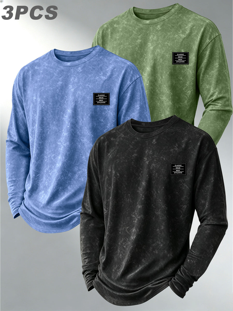 Men's 3pcs Set American Vintage Distressed Long-Sleeve Base Layer Washed Crew Neck Versatile Casual Long-Sleeve Top - Black+light Blue+green