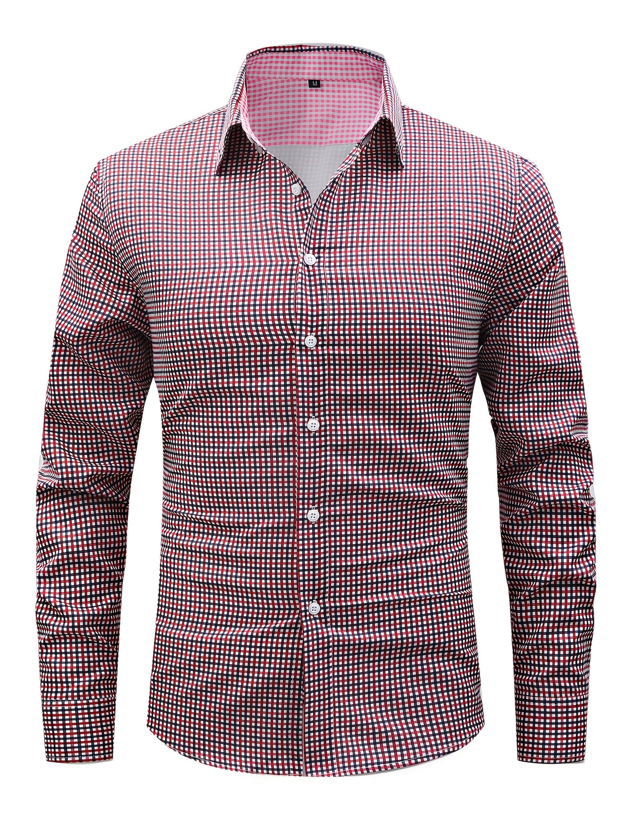 5pcs Men'S Casual Long Sleeve Plaid Shirt Set, Multi-Color Matching, Comfortable And Non-Iron, Lapel Button-Up Design, Essential for Daily Wear - 2 rose red + 2 navy blue + jujube red