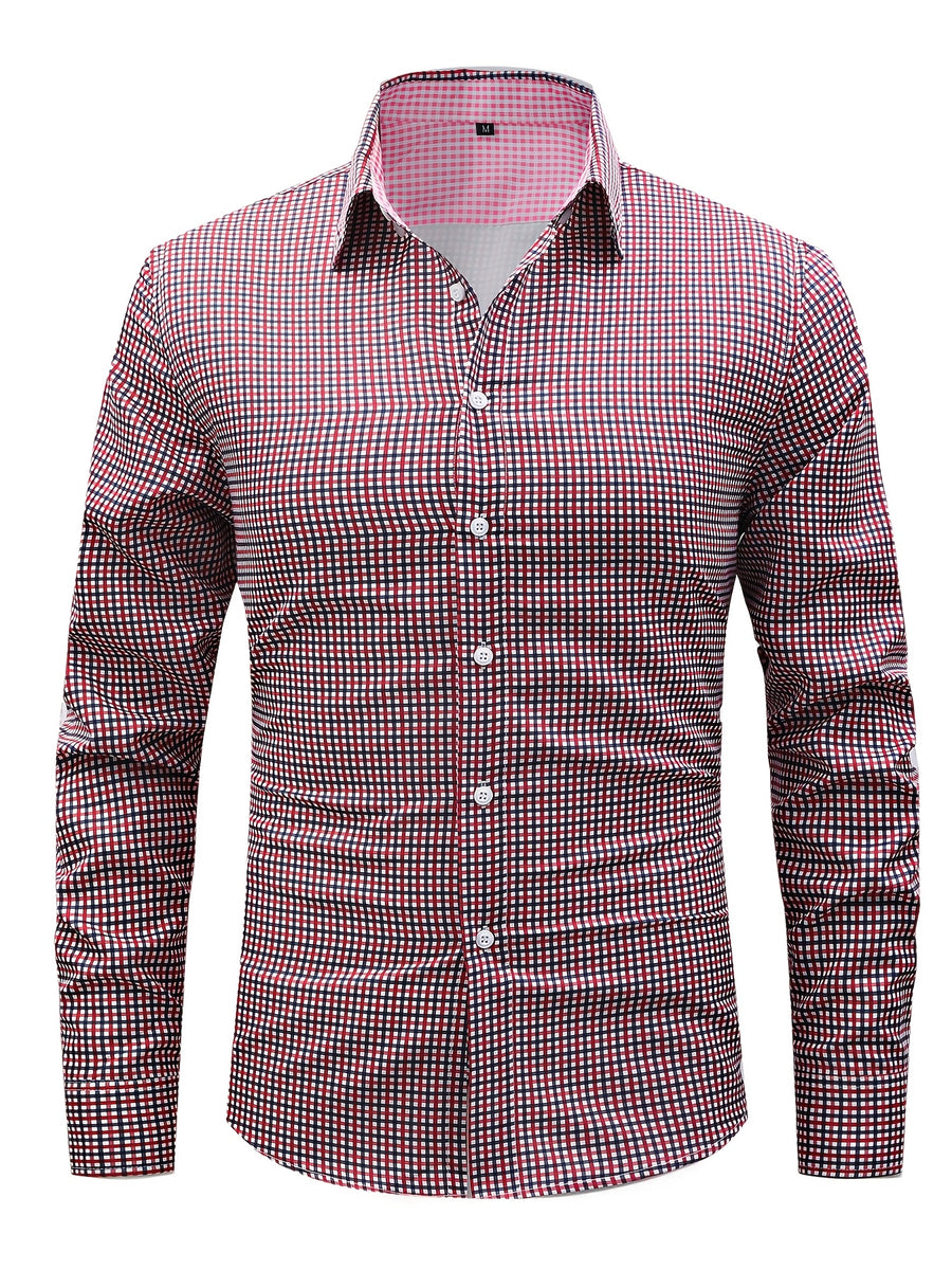 5pcs Men'S Casual Long Sleeve Plaid Shirt Set, Multi-Color Matching, Comfortable And Non-Iron, Lapel Button-Up Design, Essential for Daily Wear - 2 rose red + 2 navy blue + jujube red