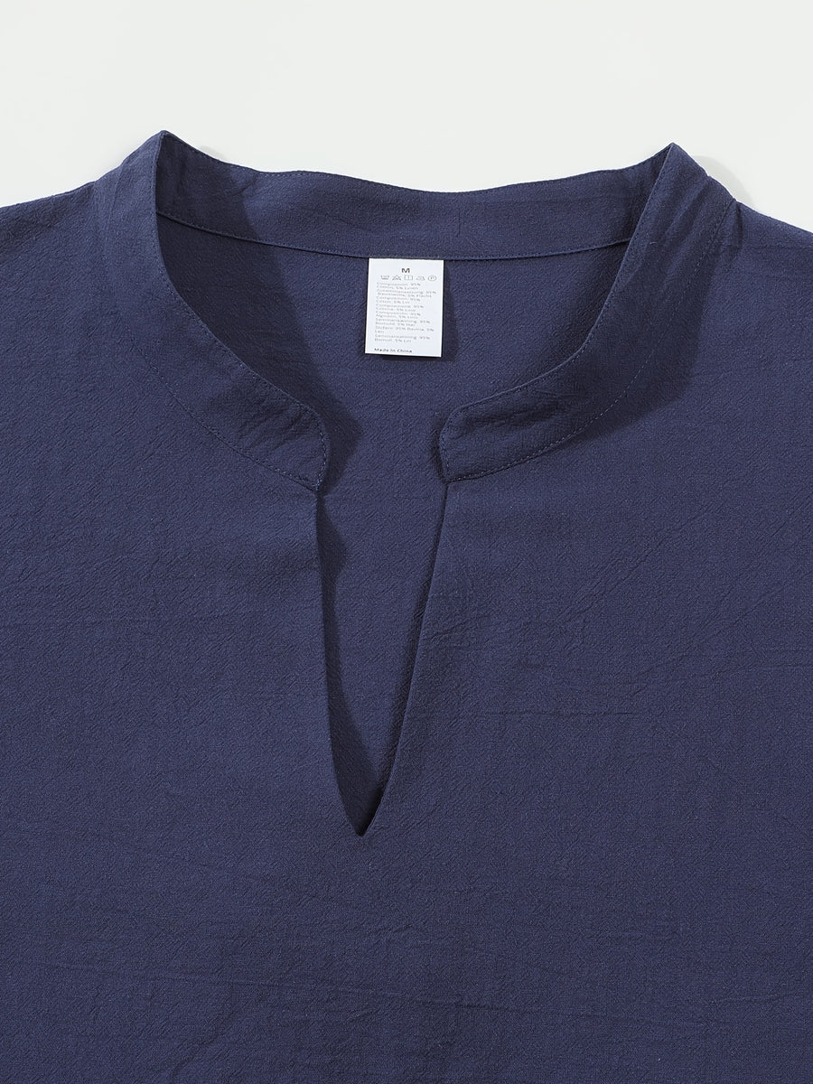 Men'S Stand Collar Short V-Neck Top, Lightweight Comfortable Solid Color Casual Shirt, Commute Easy Single Piece T-Shirt - Navy Color