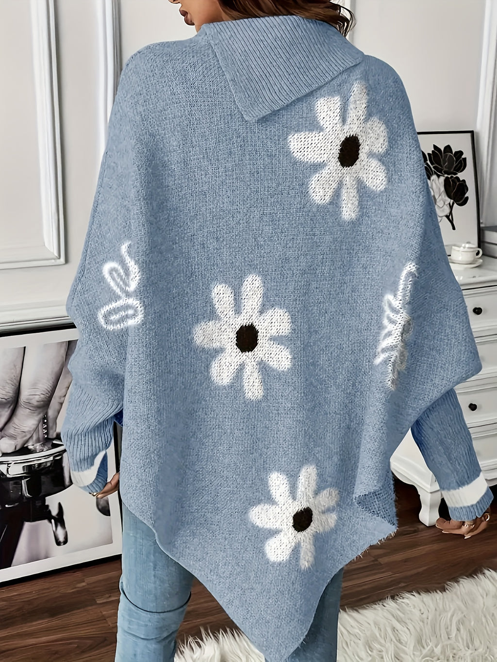 Danica Floral Pattern Round Neck Sweater Elegant Asymmetrical Long Sleeve Sweater - Mixed colors