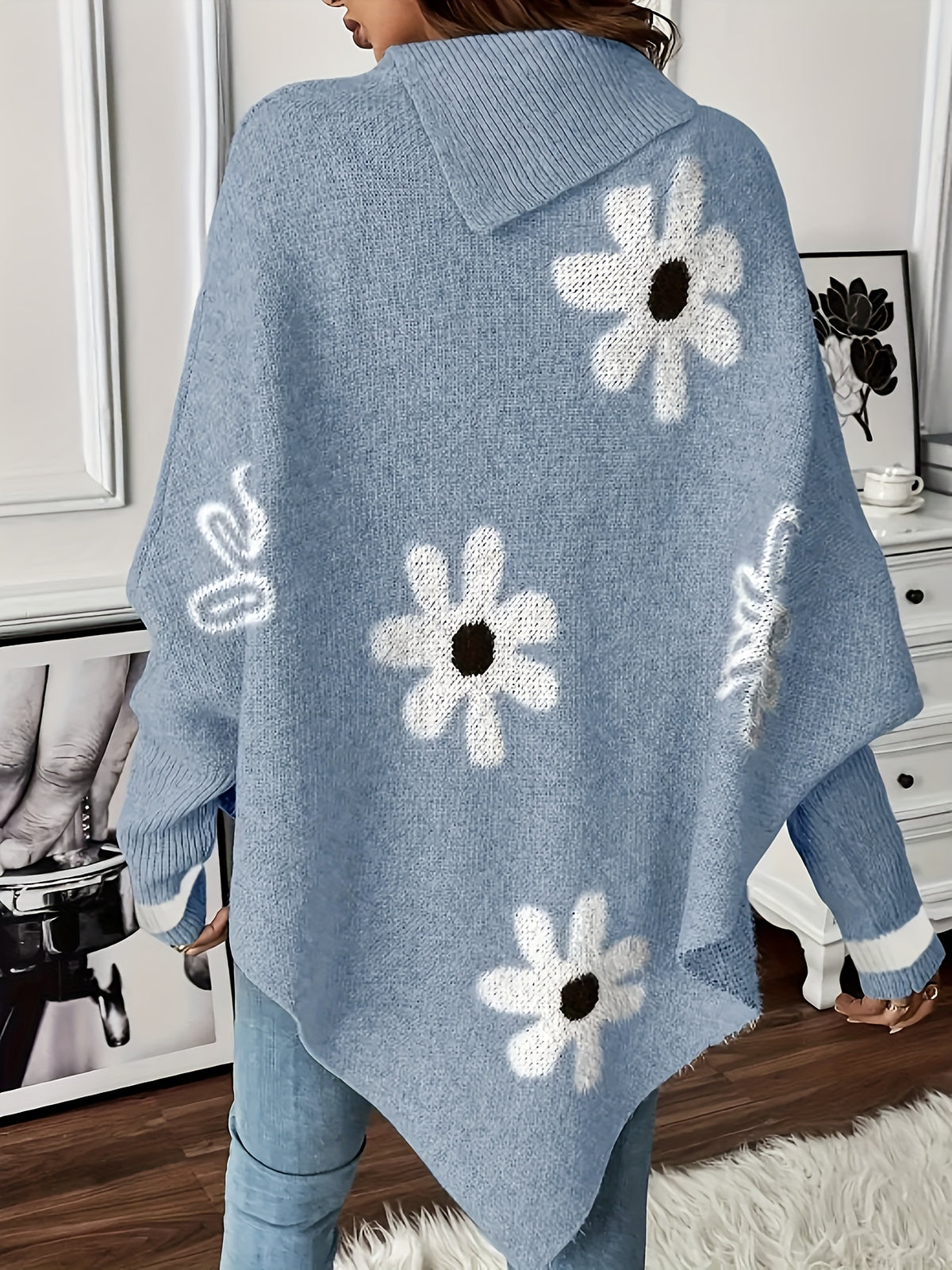 Danica Floral Pattern Round Neck Sweater Elegant Asymmetrical Long Sleeve Sweater - Mixed colors