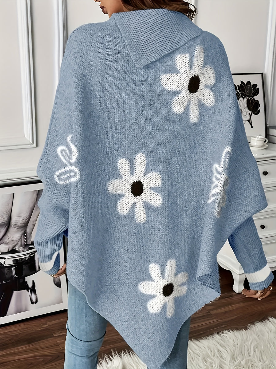 Danica Floral Pattern Round Neck Sweater Elegant Asymmetrical Long Sleeve Sweater - Mixed colors