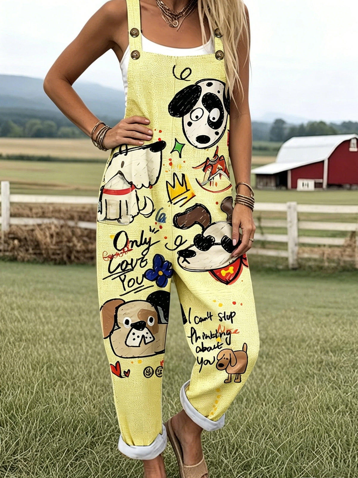 [Printed Pants - Not Denim Fabric][Imitation Denim] New European And American Women'S Fashion Featuring Stylish Faux Denim Animal Print Casual Overalls, Versatile And Comfortable Breathable Fabric for Fall Pants - Bright Yellow