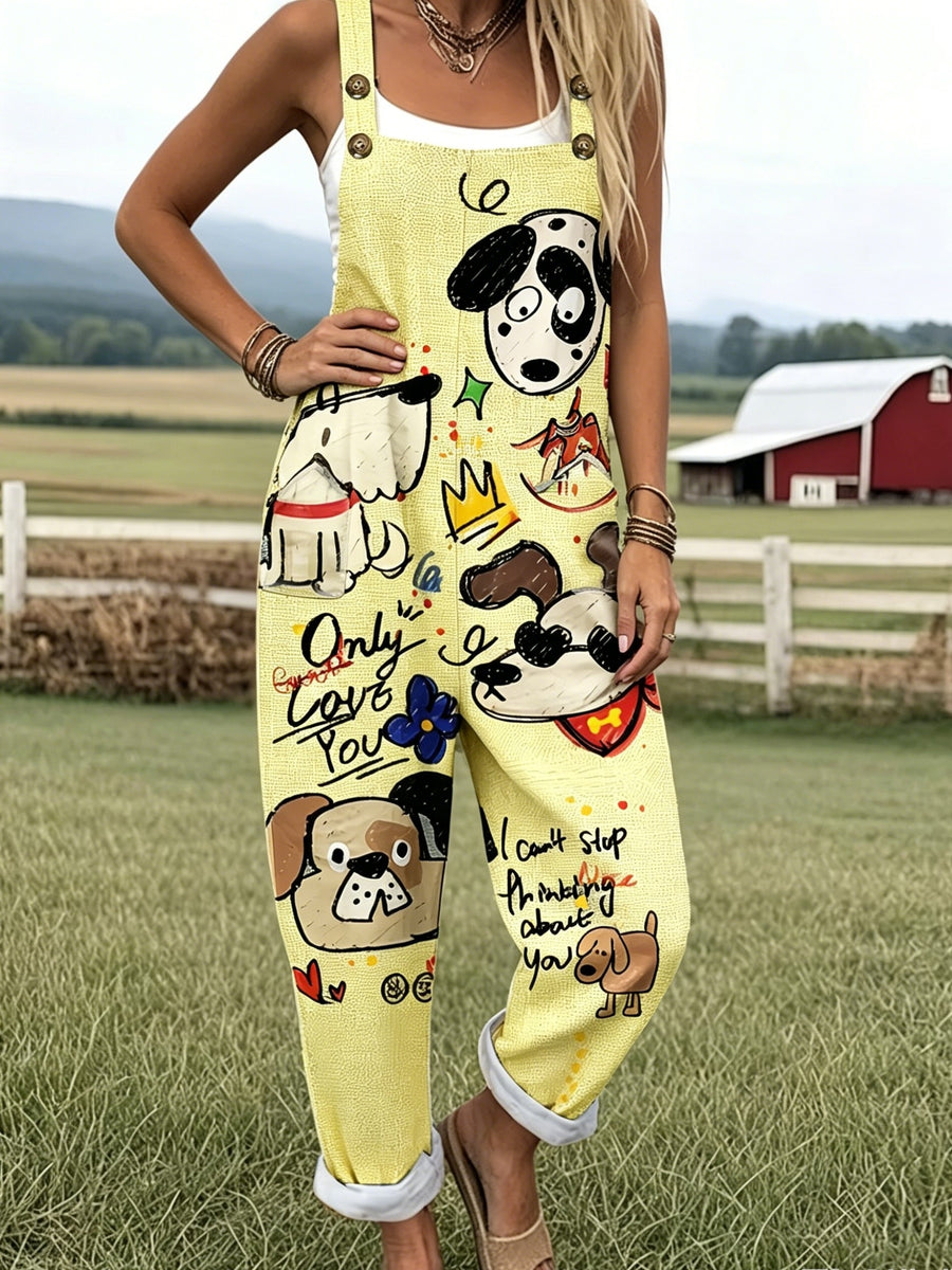 [Printed Pants - Not Denim Fabric][Imitation Denim] New European And American Women'S Fashion Featuring Stylish Faux Denim Animal Print Casual Overalls, Versatile And Comfortable Breathable Fabric for Fall Pants - Bright Yellow