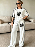 2pcs Set of Barcode Women'S Short Sleeve Long Pants, Printed Color-Block Comfortable Soft Casual Outdoor Sports Set Long Sweatpants Short Sleeve Top - White