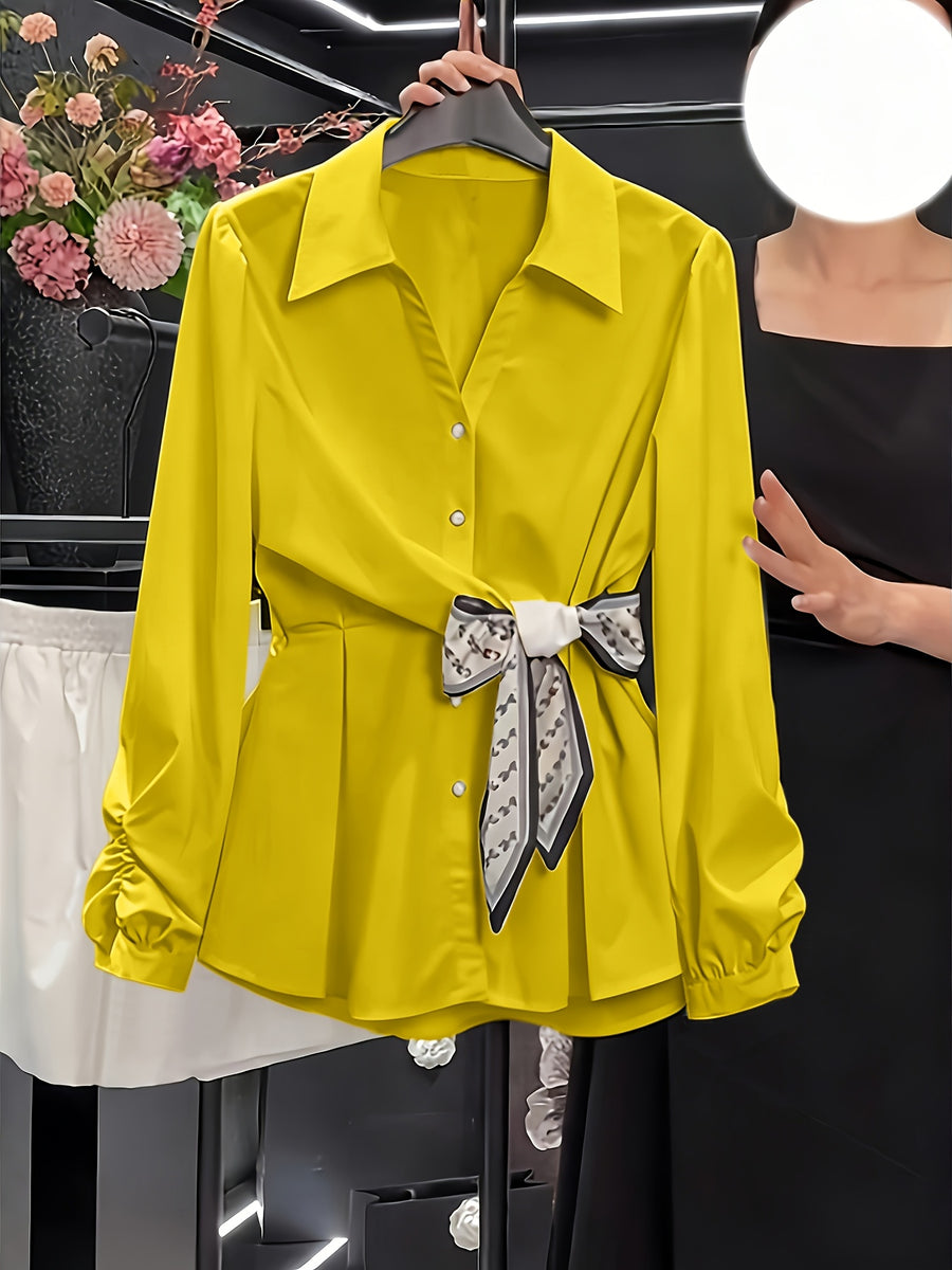 High-End Feel Commuter Versatile Exquisite Women's Shirt, Spring/Summer New Arrival Long-Sleeve Top, Waist-Cinching Stylish Blouse - Yellow
