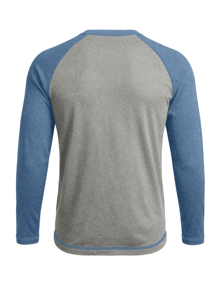 Cross-Border Men'S Long Sleeve Round Neck T-Shirt, Export European And American Men'S Clothing Color-Block Top Base Layer - Light Gray With Blue