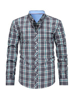 New Plaid Shirt for Men, Long Sleeve, European/American Sizing, Suitable for All Seasons and Commuting, Two-Tone Color Block Design, Four-Season Casual Shirt. Ideal for Men's Daily Wear, Vacation, Leisure, and Streetwear. The Casual Plaid Shirt - Green Gray Grid