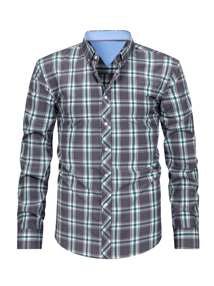 New Plaid Shirt for Men, Long Sleeve, European/American Sizing, Suitable for All Seasons and Commuting, Two-Tone Color Block Design, Four-Season Casual Shirt. Ideal for Men's Daily Wear, Vacation, Leisure, and Streetwear. The Casual Plaid Shirt - Green Gray Grid