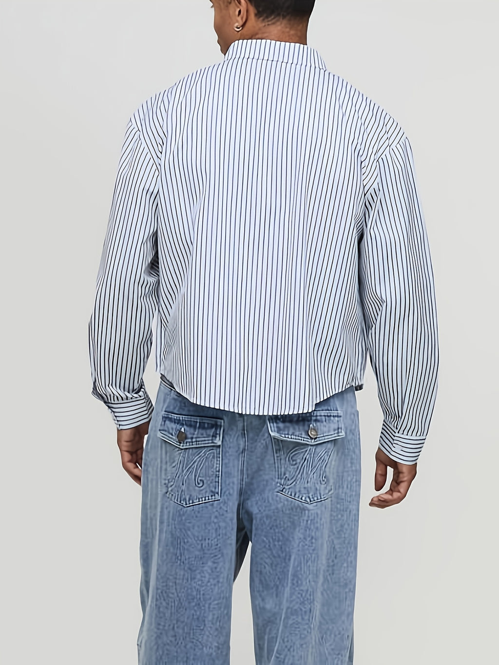 Men's Short Striped Casual Long-Sleeve Button- Shirt with Lapel, Suitable for Spring/Autumn Outings, Vacations, and Daily Wear, Men's Fashion Apparel - Grey