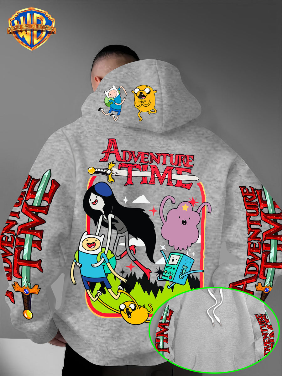 Warner Bros. Adventure Time Large Back Print, Hooded Sweatshirt with Hat Design Pattern, Multifunctional Street Style Men's Hoodie, Comfortable and Casual, Suitable for Autumn and Winter Wear - Light Grey
