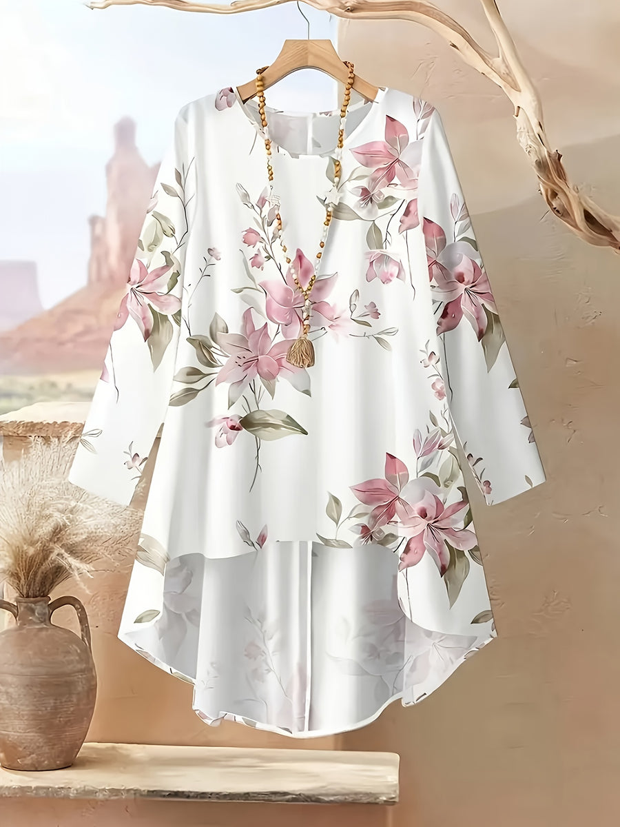 Women's Fashionable and Elegant Bohemian Print Long Sleeve and Long Pants Set - Rouge-colored floral pattern