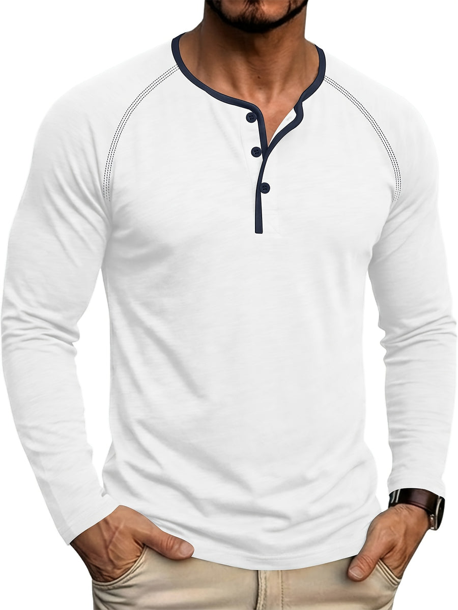 Autumn/Winter Cross-Border Men's Long Sleeve Crew Neck Henley Shirt, European and American Style Men's Pullover Base Layer T-Shirt - White