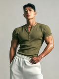 Men's Slim-Fit Henley Neck Knit Short-Sleeve T-Shirt. High-stretch Ribbed Fabric Accentuates Muscle Definition, Breathable and Sweat-wicking for a Non-stuffy Feel. Suitable for Multiple Occasions Including Fitness Training, Daily Commutes, Spring - Olive Green
