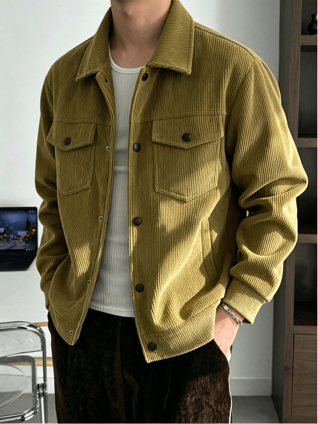 2pcs Men's Lapel Snap Button Jacket, Corduroy Texture Multi-Pocket Outerwear, Autumn/Winter Simple Vintage Casual Men's 2pcs Set - Army Green+Khaki