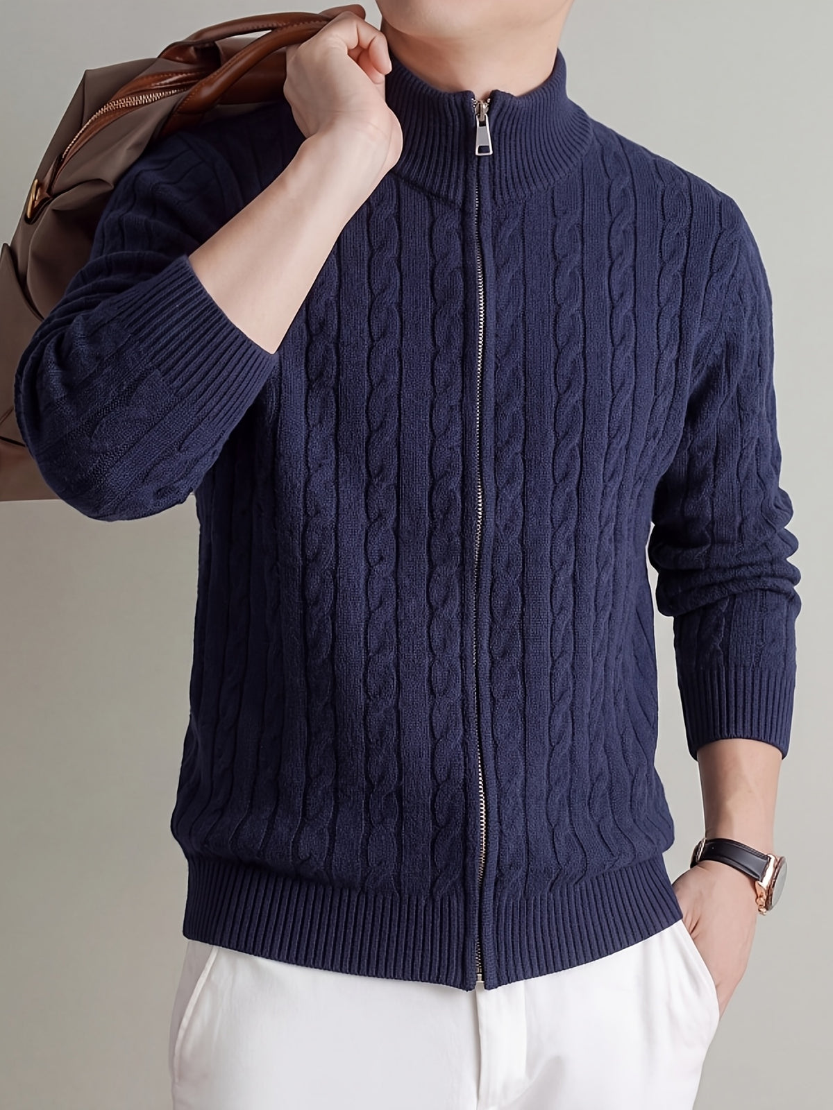 [Wading Whale OBM] Spring/Autumn New Men'S Knit Cardigan, Old Money Style Solid Striped Zipper Front Stand Collar Cardigan for Men, Business Casual Fashion Knitwear, Suitable for Spring, Autumn, Winter Layering Or Outerwear, Fits Daily Casual - Navy Color